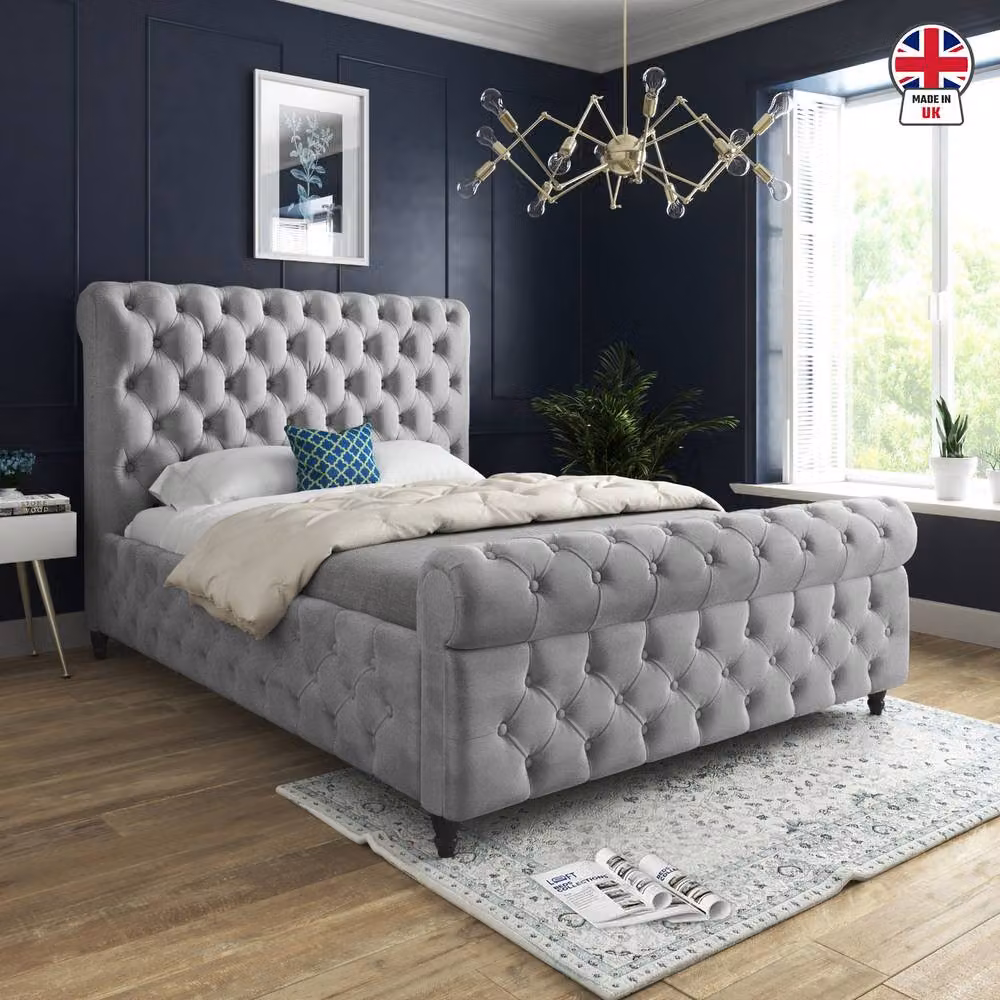 KDMD Tickencote Sleigh Upholstered Designer Bed Frame in Grey Silver Velvet, Size: Single (W/D/H: 90 x 190 cm) – 3
