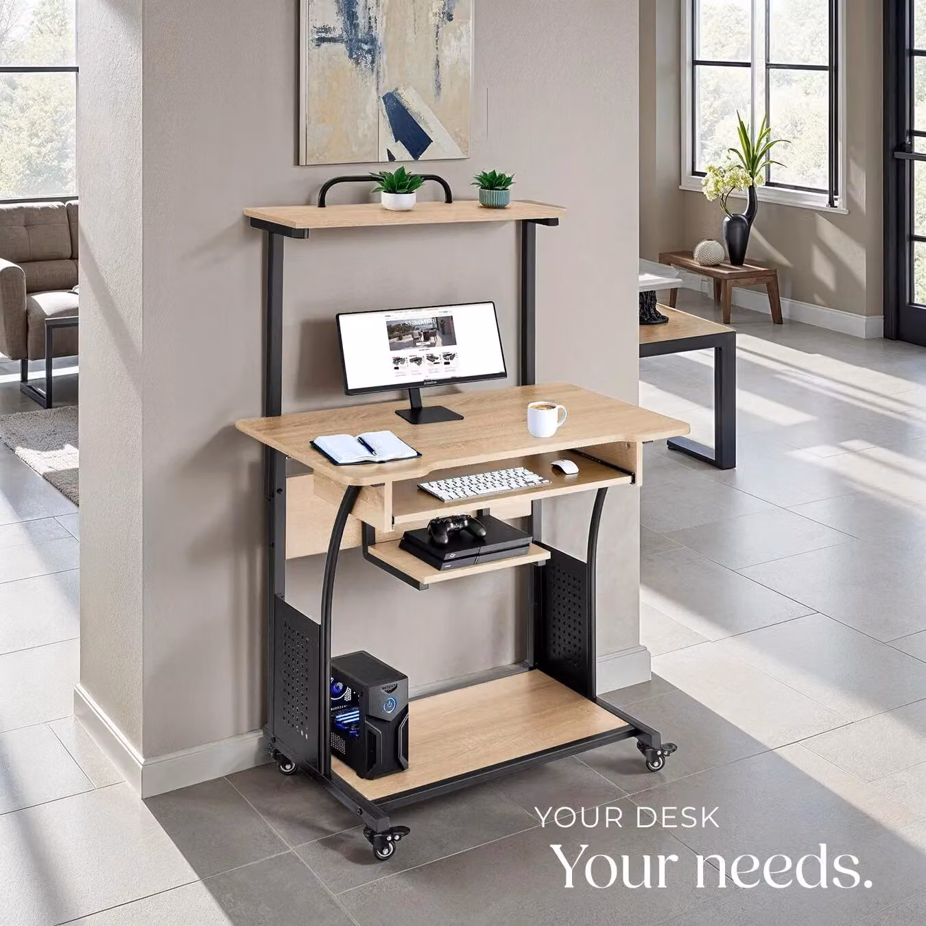 tectake Fife Computer Desk with 3 Levels, Attachable Shelf, Keyboard Tray and 4 Castors in Light Oak – 6