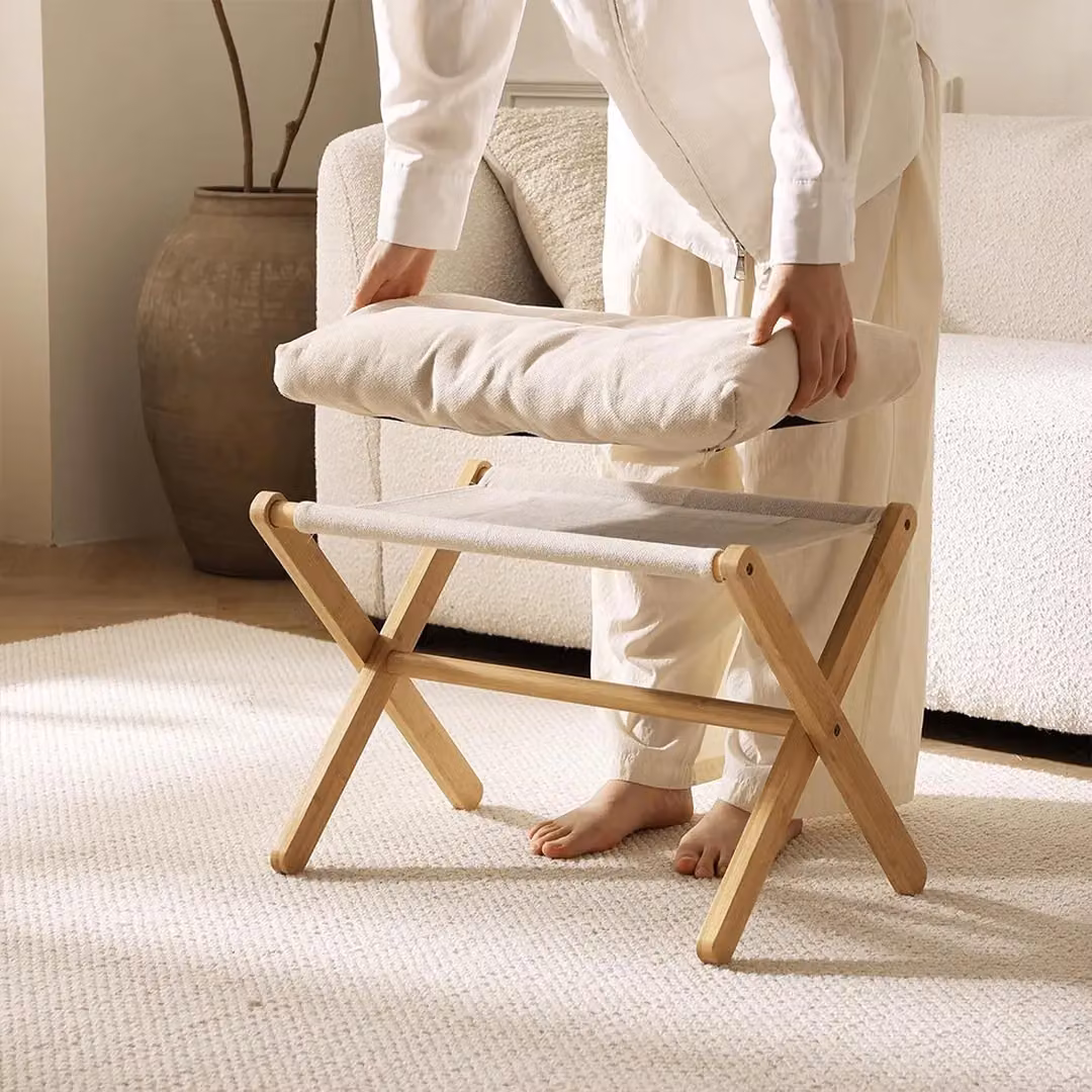SPETLEK Under-Desk Footstool, Rectangular Padded Stool with Bamboo Wood Frame in Beige – 3