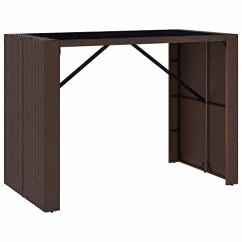 vidaXL Brown Poly Rattan Bar Table with Glass Top, W/D/H: 145 x 80 x 110 cm