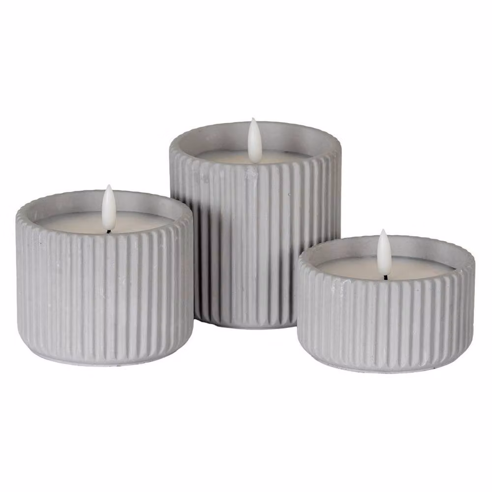 Lemon Pavilion Furniture and Decor Natural Glow Chalk Ribbed Medium LED Wax Candle in Grey, L7 x W7 x H9 cm – 3