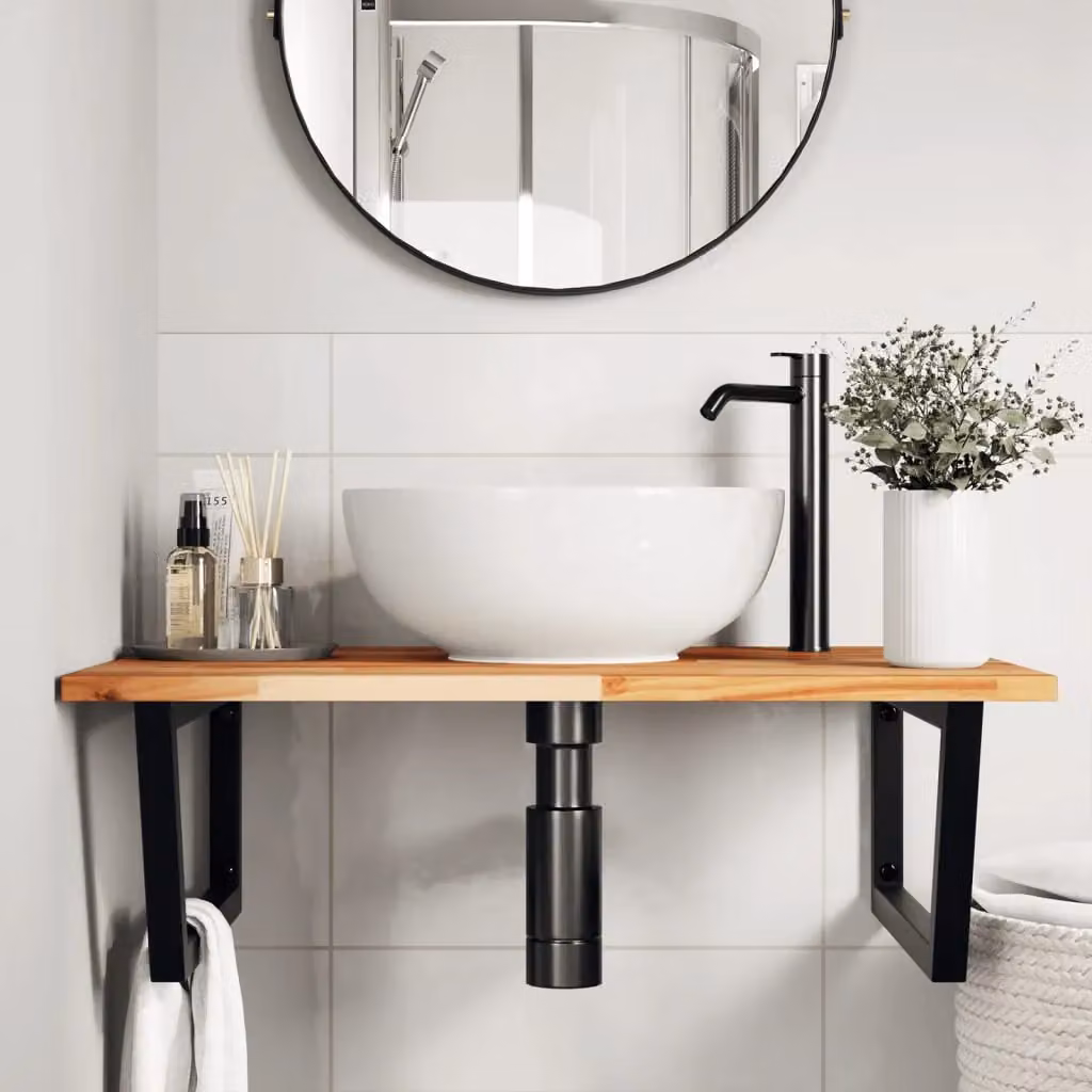Berkfield Home Wall Mounted Basin Shelf in Brown Steel and Solid Acacia Wood – 2