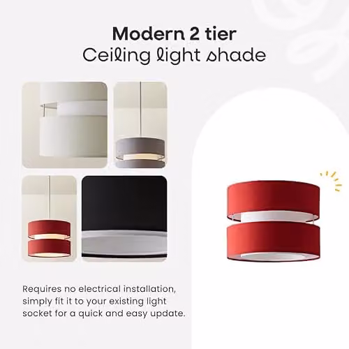 ValueLights Sophia Modern Fabric Drum Ceiling Pendant Light Shade in Red and Grey, Diameter: 26 cm – 6