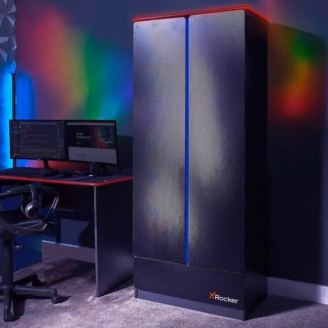 X Rocker Carbon-Tek 2 Door Wardrobe with RGB LED Lighting and Drawer in Grey and Blue, W/D/H: 80 x 80 x 181 cm – 1