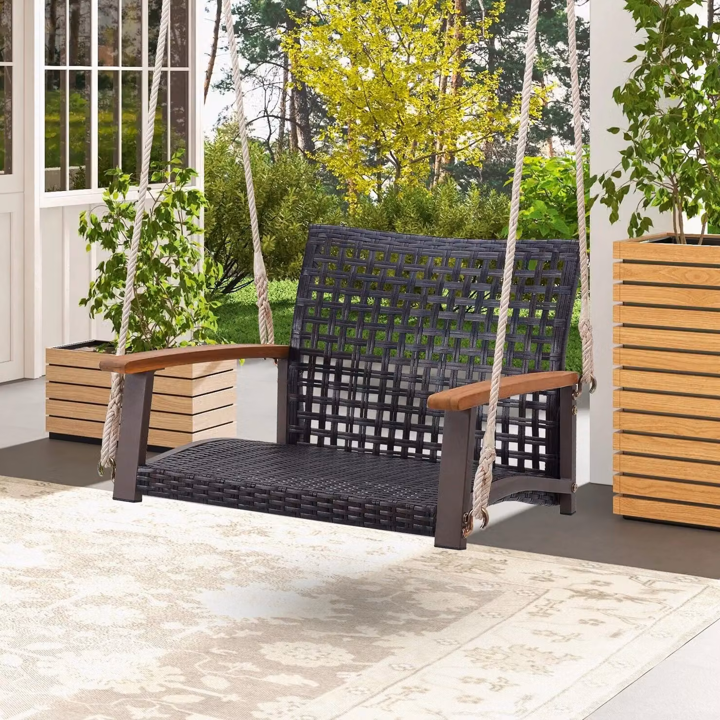 Costway Brown Rattan Single Hanging Porch Swing for Outdoor Garden and Terrace – 3