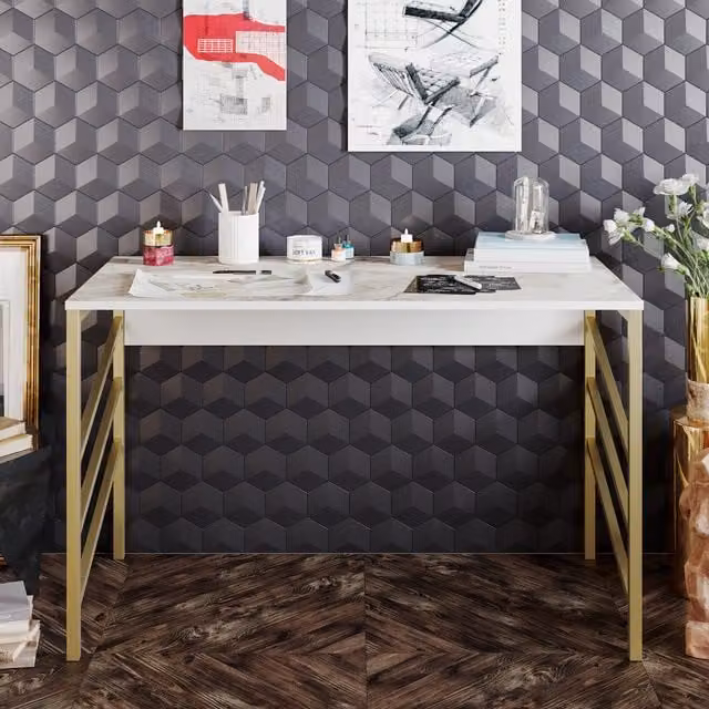 Tunalli Computer Desk in White and Gold