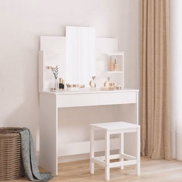 Berkfield Home Classic Dressing Table with Mirror in White, W/D/H: 96 x 39 x 142 cm