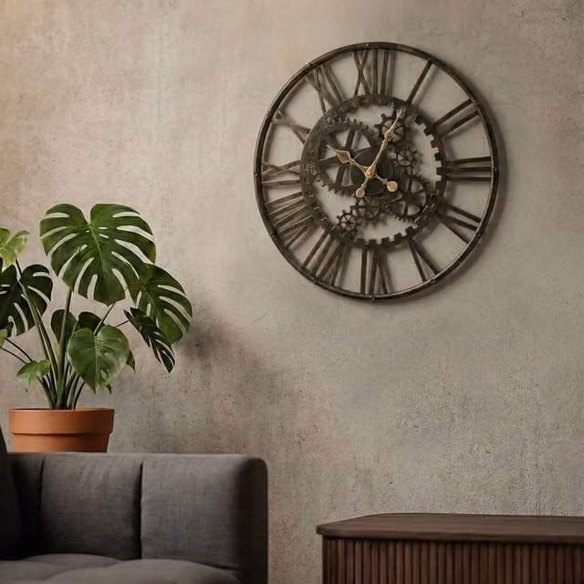 Wyld and Coco Black Industrial Round Analog Wall Clock with Geometric Open Gear Design – 1