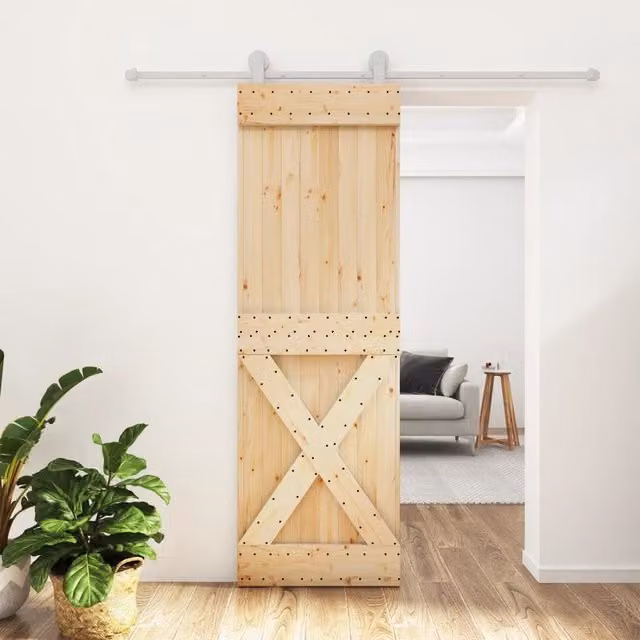 Berkfield Home Rustic Solid Wood Pine Sliding Door with Hardware Set, Brown, W: 70 cm, H: 210 cm