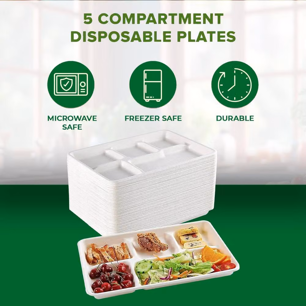 ECONX 200 Pack White Heavy Duty 5 Compartment Bagasse Disposable Serving Plates – 2
