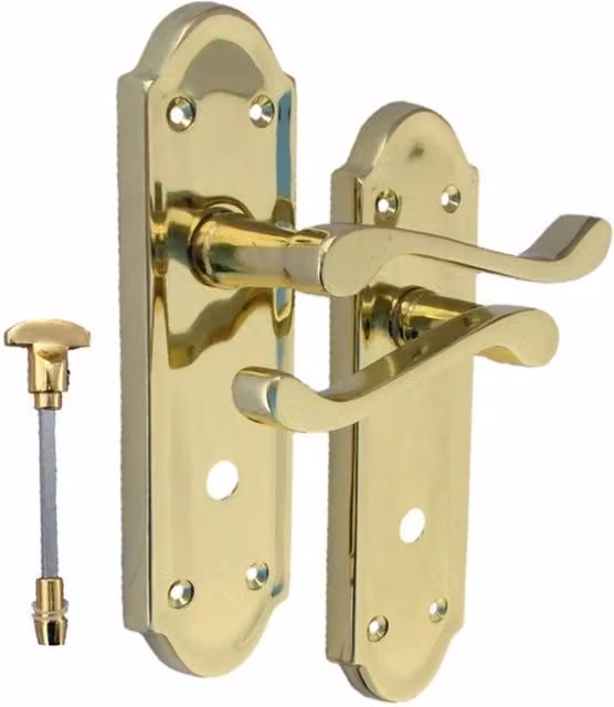 Ashford Bathroom Lock Scroll Lever Door Handle in Polished Brass