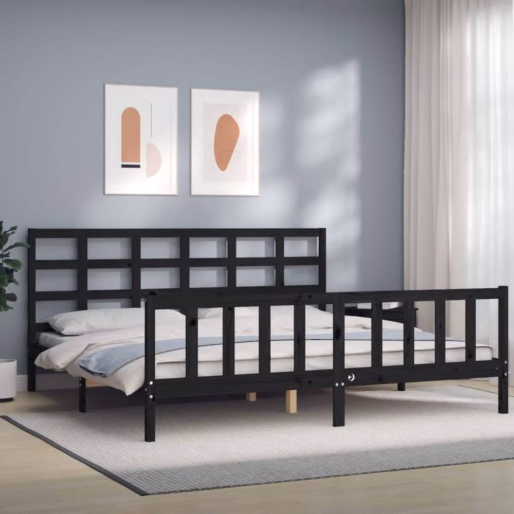 Berkfield Home Solid Pine Bed Frame with Headboard in Black, 200 x 200 cm – 2