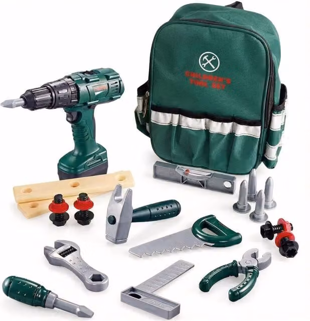 The Magic Toy Shop Kids Tool Set with Electronic Drill and Carry Bag, Green
