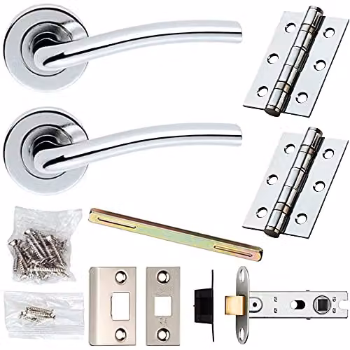 Loops Chrome Modern Raised Slim Bar Door Handle and Latch Pack with Screwless Round Rose