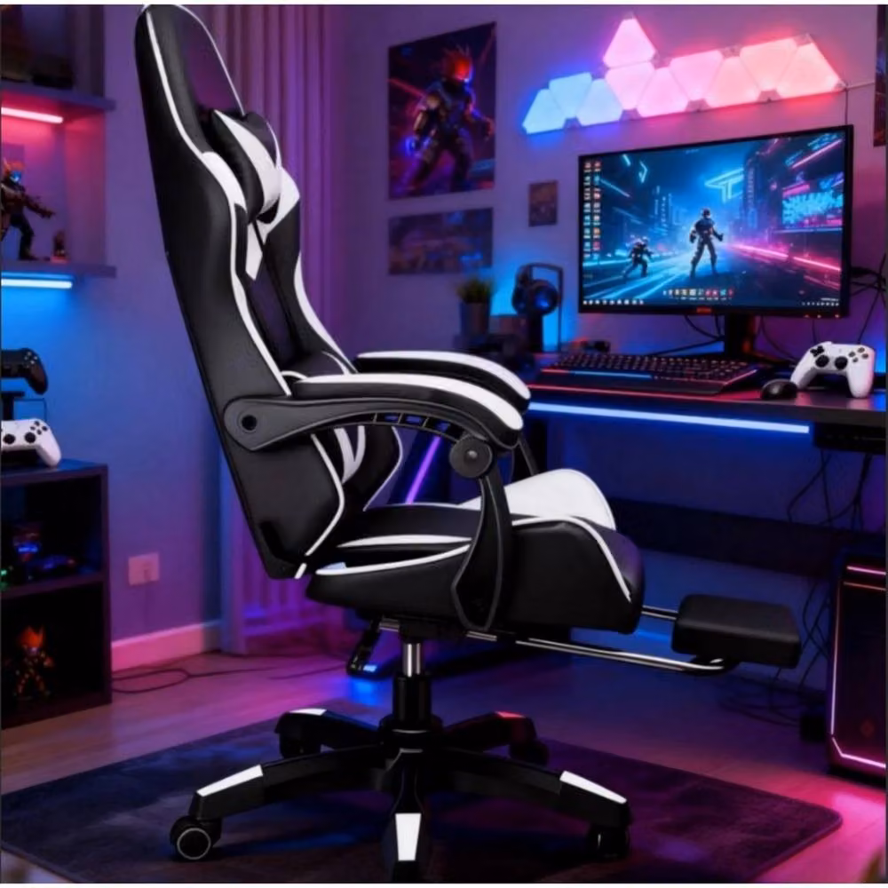 FORGEVIO Gaming Massage Chair in White and Black with Footrest and Headrest – 3