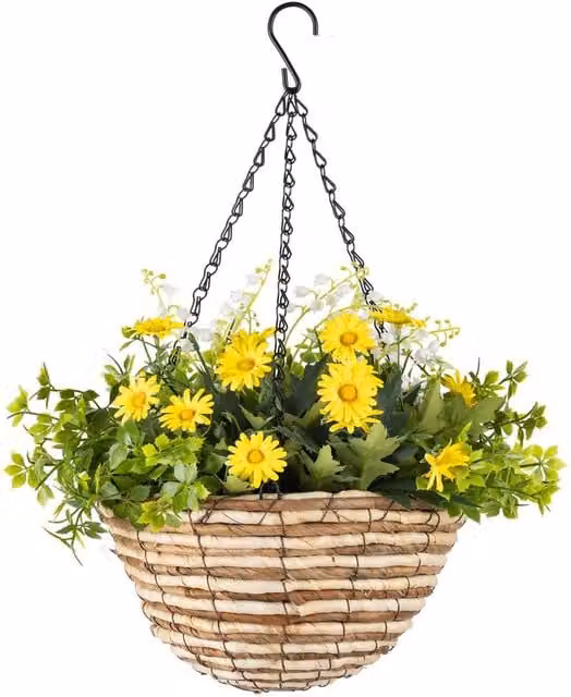 Christow Artificial Daisy Woven Hanging Basket in Yellow and Pink, UV Resistant Floral Foliage, Diameter: 25 cm – 1