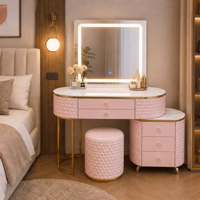 MN Furniture Modern Luxury Pink Dressing Table with LED Mirror, Stool and Cabinet, Width: 130 cm