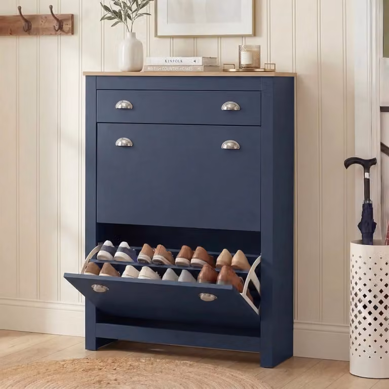 Modern Blue 2 Door Shoe Cabinet with Drawer and Tilting Compartments for Hallway Storage