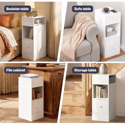 Levede Slim White Bedside Table with Drawer and Two Open Shelves, W/D/H: 25 x 30 x 66 cm – 5