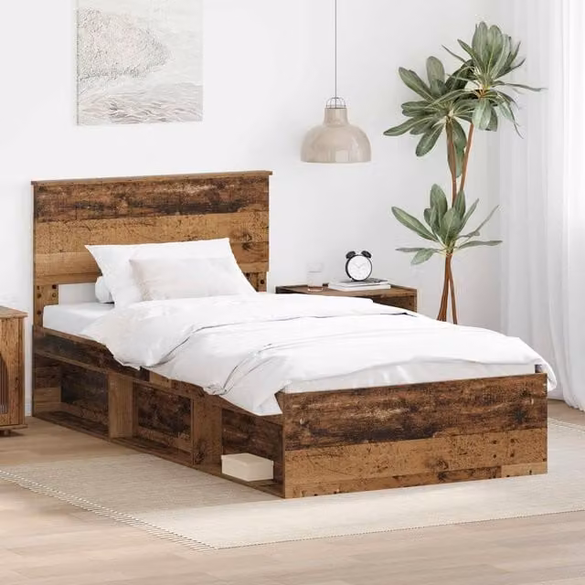 Berkfield Home Modern Bed Frame with Headboard in Brown Solid Pine and Engineered Wood, W/D/H: 100 x 200 cm – 1