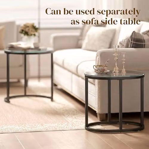 HOMCOM Set of 2 Modern Round Coffee Tables with Black Metal Frames and Transparent Tempered Glass Tops – 6