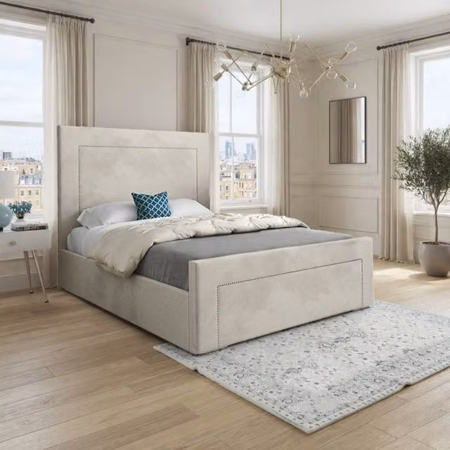 Casani Kensworth Upholstered Velvet Designer Bed Frame in Beige, W/D/H: 180 x 159 x 137 cm – 1