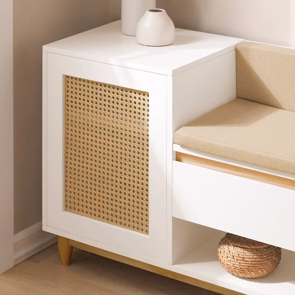 SoBuy Scandinavian Style Entrance Bench with Rattan Shoe Rack Storage in White and Beige – 3