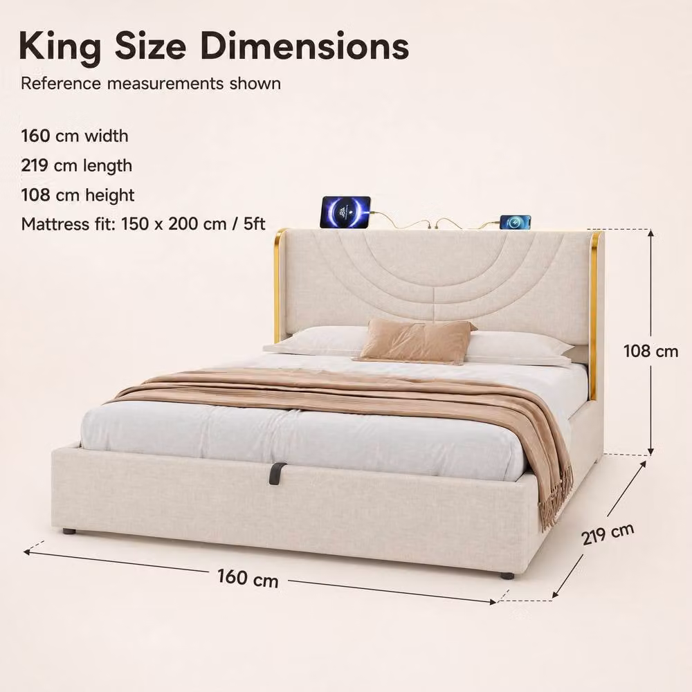 STILVORA King Size Fabric Bed Frame in Beige with Hydraulic Lift-Up Storage, LED Headboard and USB Charging Port, W/D/H: 180 x 200 x 108 cm – 2
