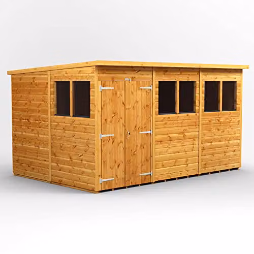 Powersheds Brown Pent Garden Wooden Shed with Double Doors and Toughened Glass, W/D/H: 370.57 x 240.4 x 260.4 cm