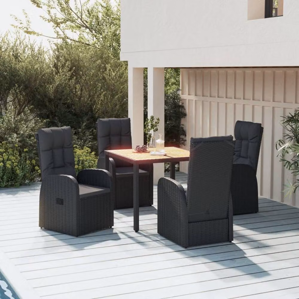 Berkfield Home Beautiful 5 Piece Black Poly Rattan and Oiled Acacia Wood Garden Dining Set – 2