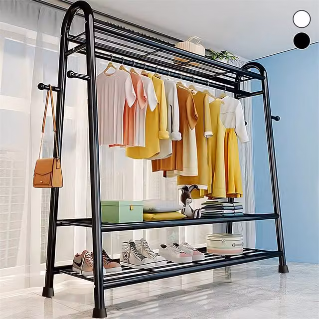 Kelvenix Black Heavy Duty Double Rail Clothes Hanging Rack with Shelf – 1