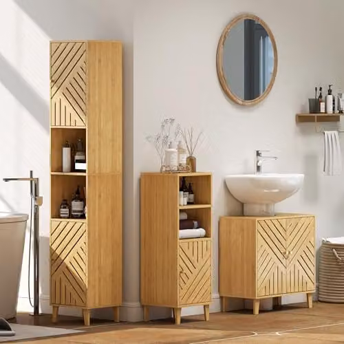 HOMCOM Freestanding Tall Bathroom Cabinet with Hinged Doors and Open Shelves in Brown, W/D/H: 32 x 30 x 170 cm – 3