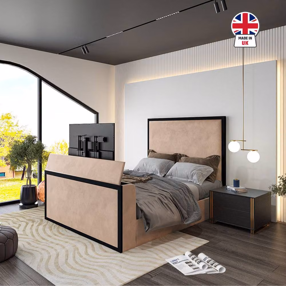 KDMD Woldingham Upholstered Electric Media TV Bed Frame in Beige, Small Double – 3
