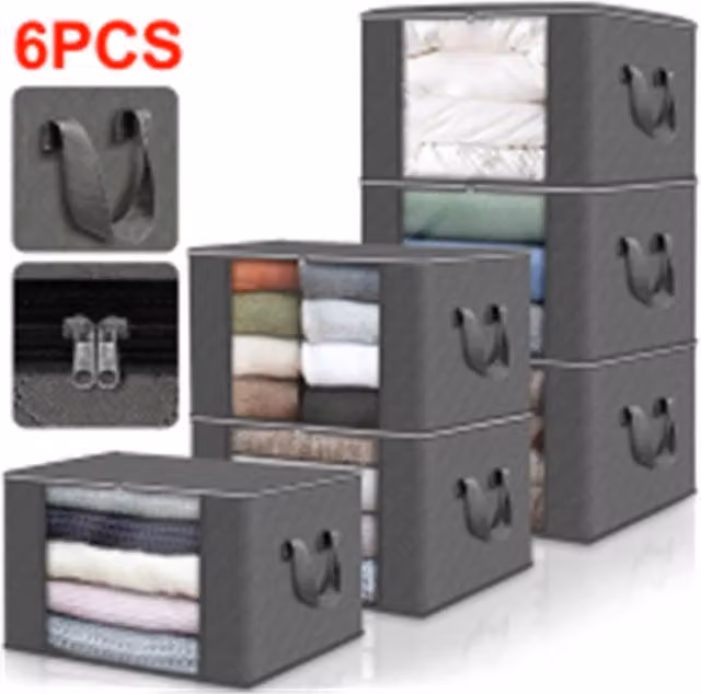 SPETLEK 6 Pack 90L Zipped Storage Bags for Clothes, Bedding and Toys in Grey, W/D/H: 60 x 40 x 33 cm