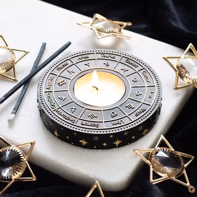 Uniqueful Astrology Wheel Tealight Candle Holder in Black and Gold
