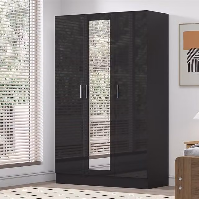 Reflect 3 Door Mirrored Wardrobe in Black Gloss and Black Oak, H 180 x W 113 x D 47 cm – 1