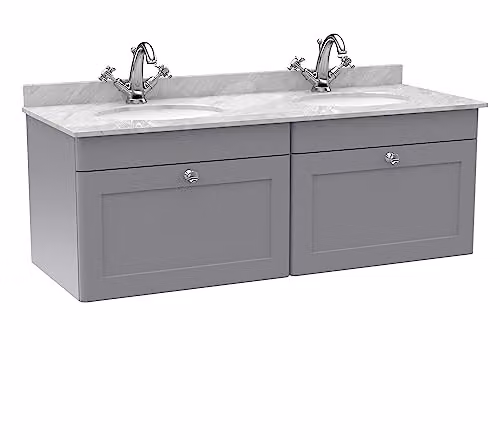 nuie Classique Wall Hung 2 Drawer Unit with Marble Top and Round Basin, Satin Grey, W: 120 cm, H: 47 cm, D: 50.9 cm