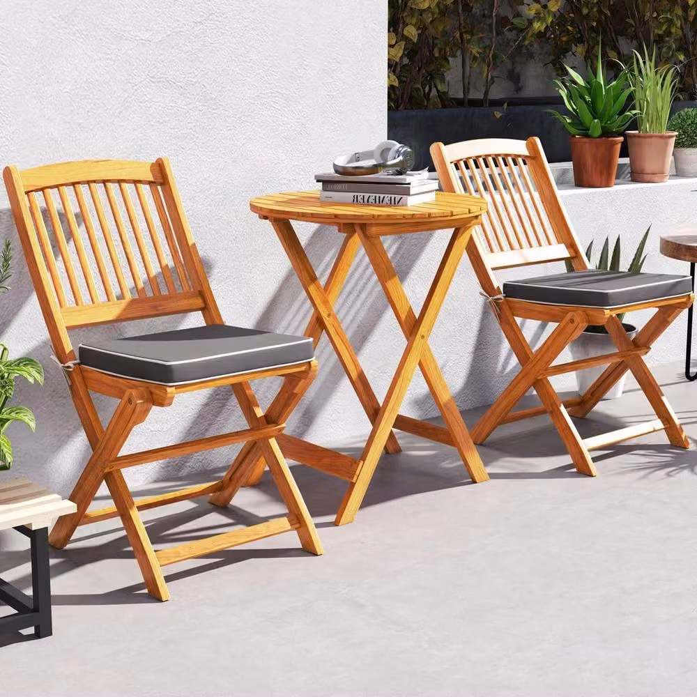 KORVIXA Acacia Wood Folding Bistro Set of 3 for Patio and Garden, Brown, Width: 100 cm – 2