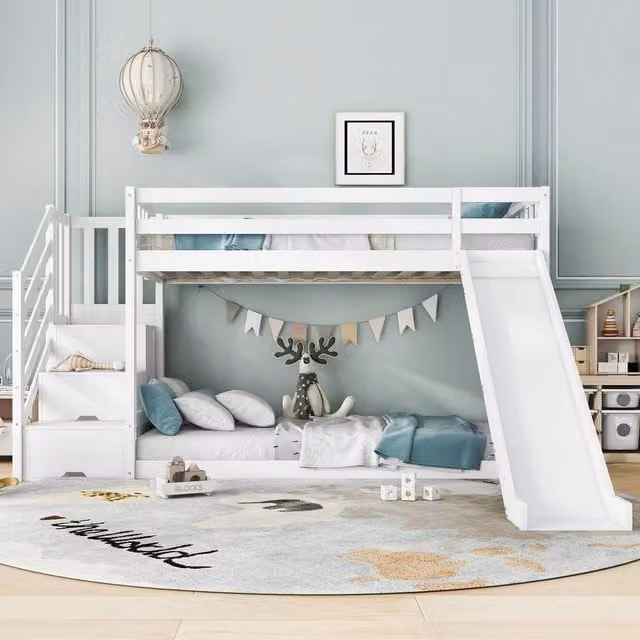 Rolipo Childrens Bunk Bed with Stairs, Slide and Drawers in White, W/D/H: 190 x 90 x 125 cm