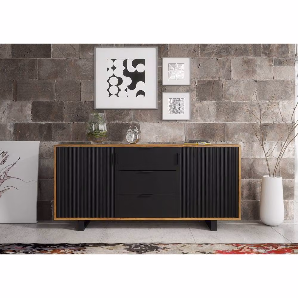 Creative Furniture Blackridge Sideboard in Dark Oak and Black with Fluted Doors and Drawer, W: 140 cm, H: 75 cm, D: 35 cm – 2