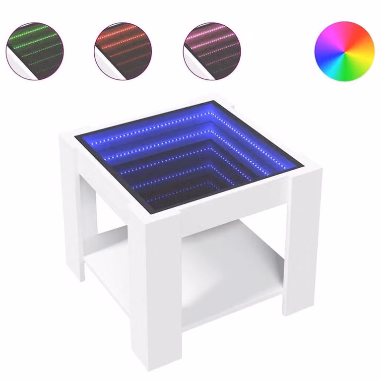 Berkfield Home Modern White Glossy Decorative Coffee Table with LED and Glass, W/D/H: 53 x 53 x 45 cm