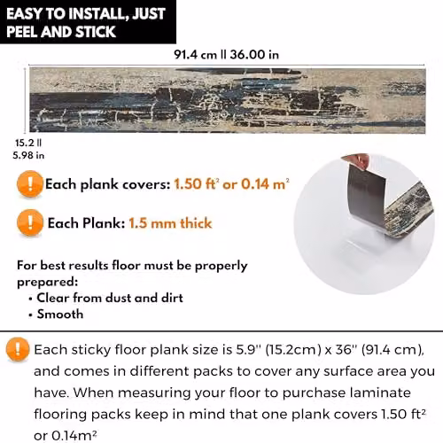 Novecrafto Self Adhesive Wood Look Vinyl Floor Planks, 10 Pack, Grey, Stormwave Timber Design, W: 91.4 cm, D: 15.2 cm, Covers 1.39 m² – 6