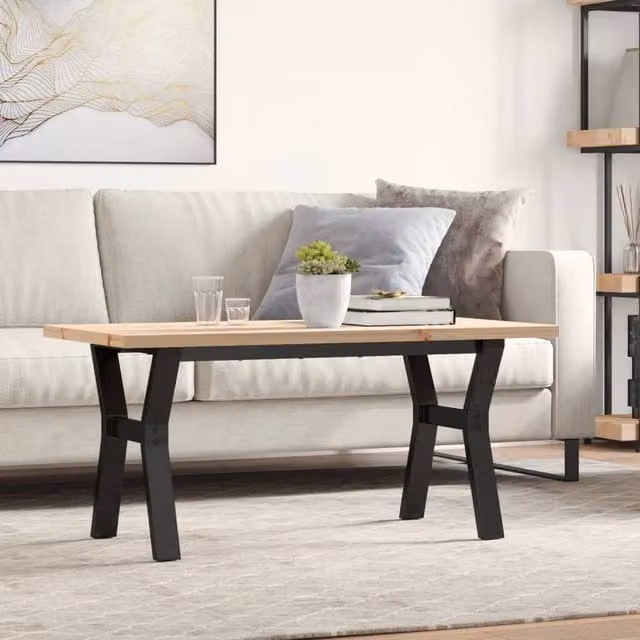 Berkfield Home Y-Frame Coffee Table in Brown Solid Pine and Steel, W: 100 cm, D: 50 cm, H: 45.5 cm – 1