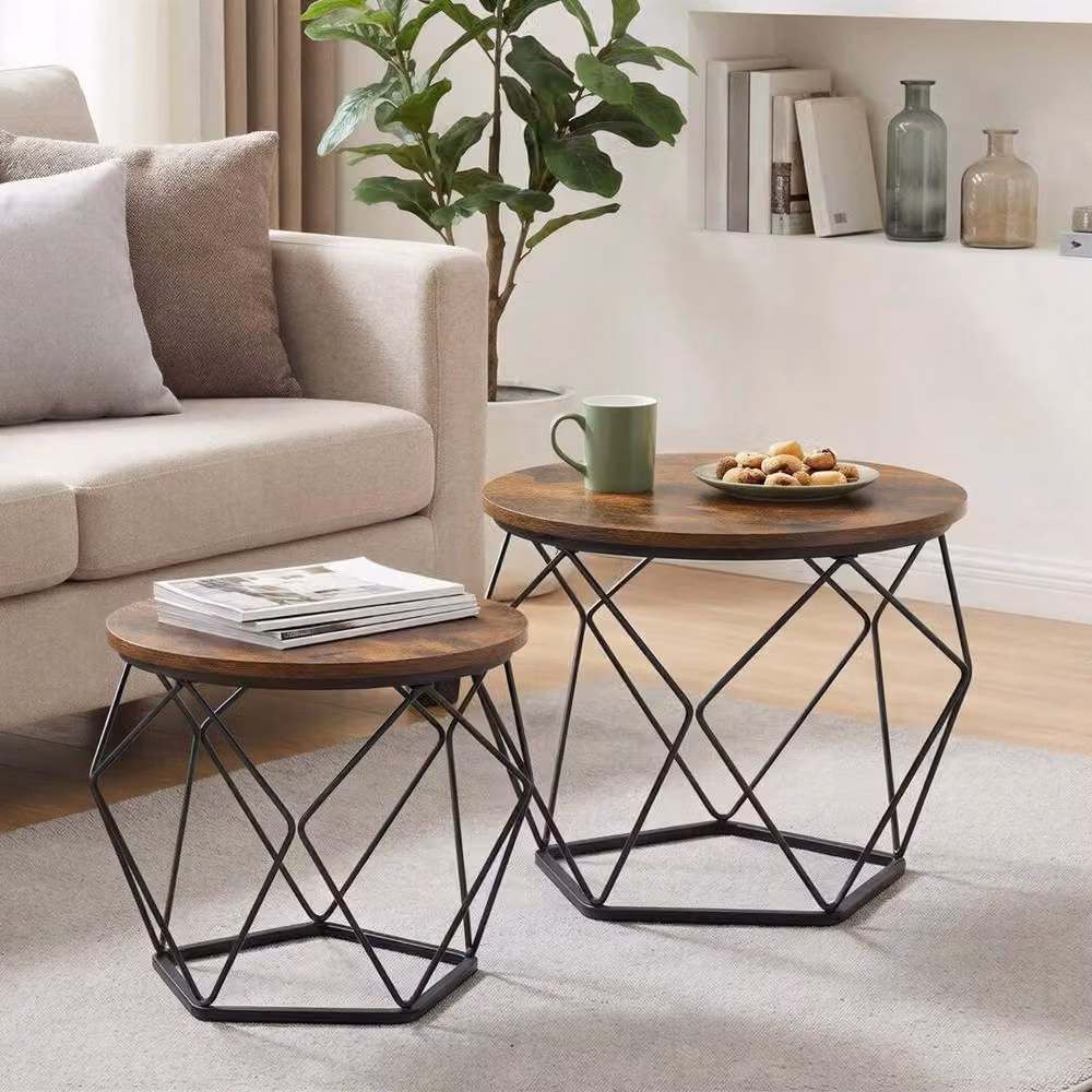 Kelvenix Set of 2 Round Industrial Coffee Tables in Brown and Black – 4