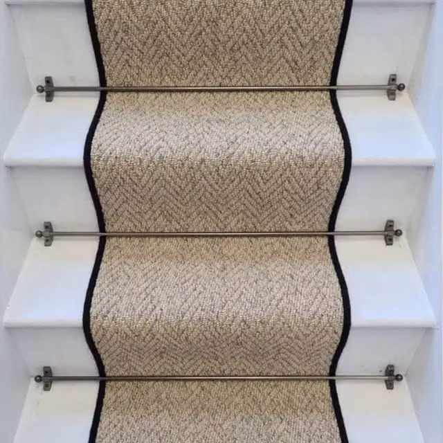 RainbowHome Herringbone Biscotti Stair Runner in Beige with 100% Wool Edge, W: 65 cm, L: 700 cm