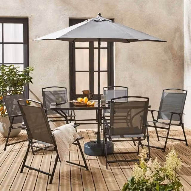 sweeek 6-Seater Grey Metal and Glass Garden Dining Set with Rectangular Table and Foldable Chairs