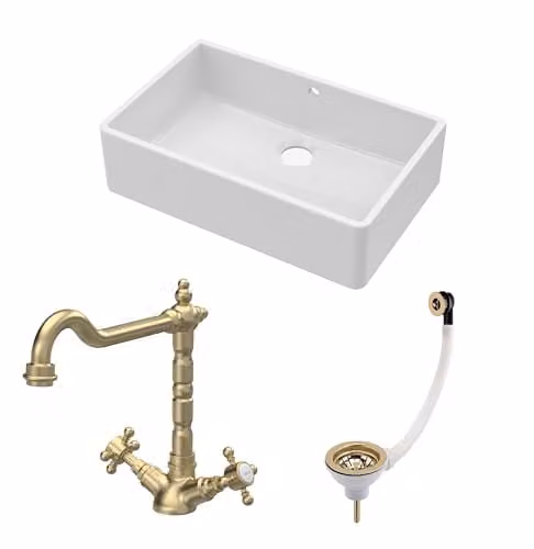 Balterley White Ceramic Butler Sink Single Bowl with Mono French Classic Crosshead Mixer Tap and Waste in White and Brushed Brass