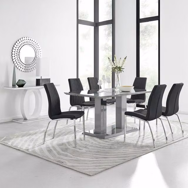 FurnitureboxUK Imperia Grey High Gloss Rectangular Glass Dining Table and 6 Black Chairs – 1
