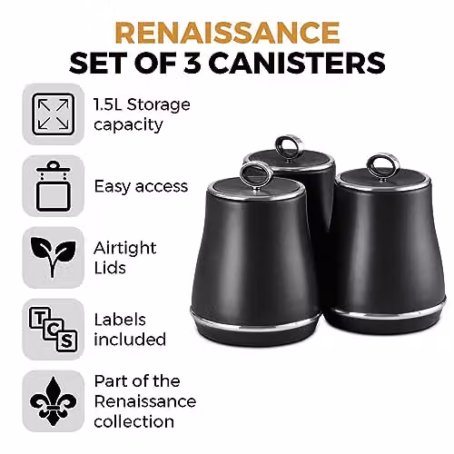 Tower Renaissance Set of 3 Airtight Stainless Steel and Silicone Storage Canisters for Coffee, Sugar and Tea, Black, 1.5 l – 2