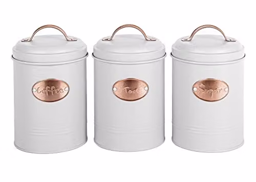 Novel Solutions Retro Round Tea, Sugar and Coffee Canister Set, 3 Piece Grey Metal Airtight Food Storage Tins